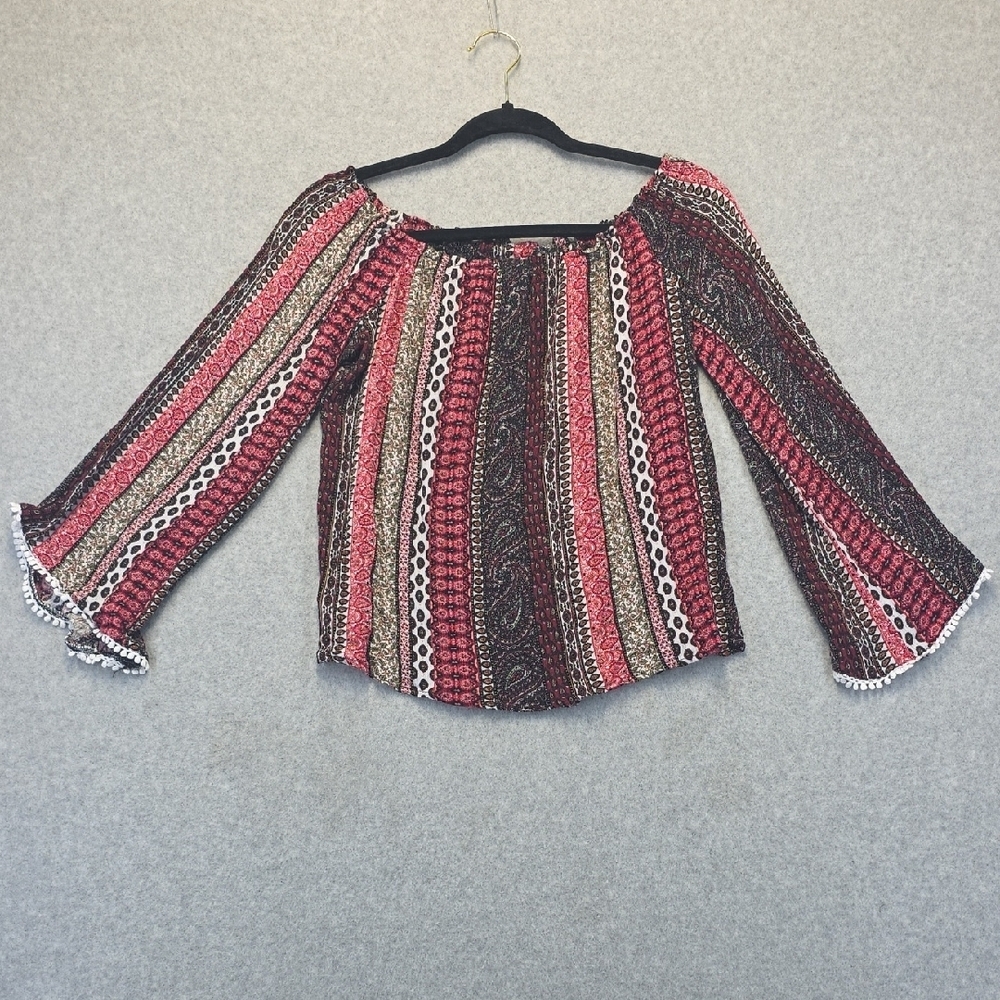 No Comment NY-LA Boho Patchwork Off-Shoulder Top Bell Sleeve Blouse